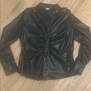 NWOT DKNY Women Black Faux Leather Shacket Button Down with Cinch Design Size L